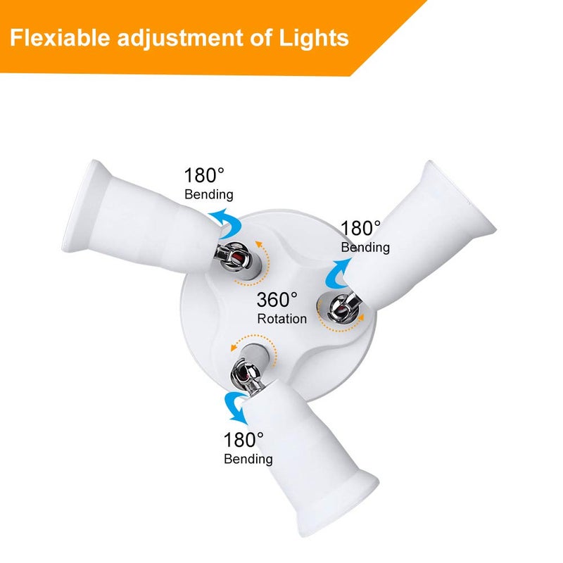 ELECTOP E26 E27 Adjustable Socket Splitter,3 in 1 Socket White Bulb Base Adapter Lamp Holder,360 Degree Rotating 180 Degree Bending - Image 2